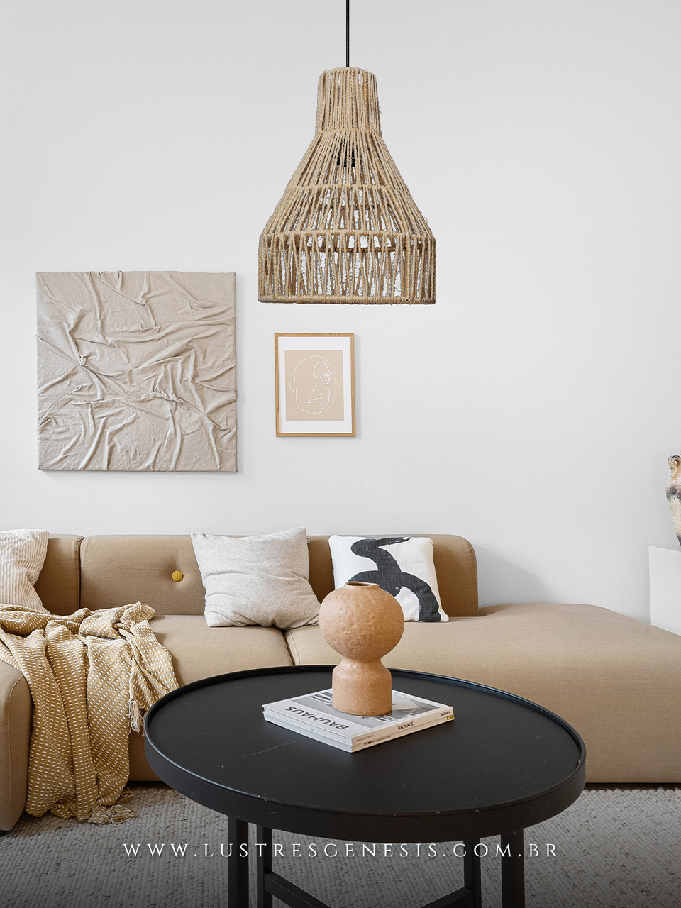 Luminária Pendente Palha Kauai Bege Natural Modelo Rústico 32cm para Sala de Jantar Sala de Estar Quarto Living